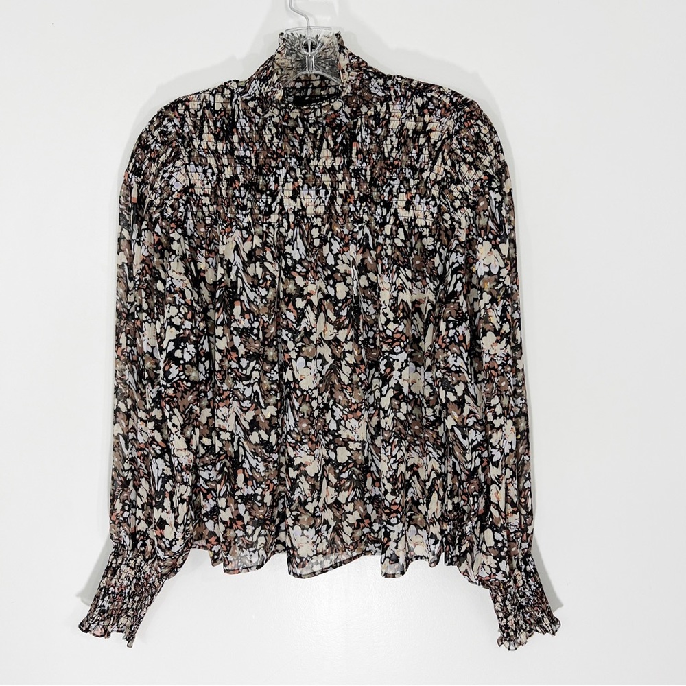 House of Harlow Smocked Floral High Neck Blouse Size Small